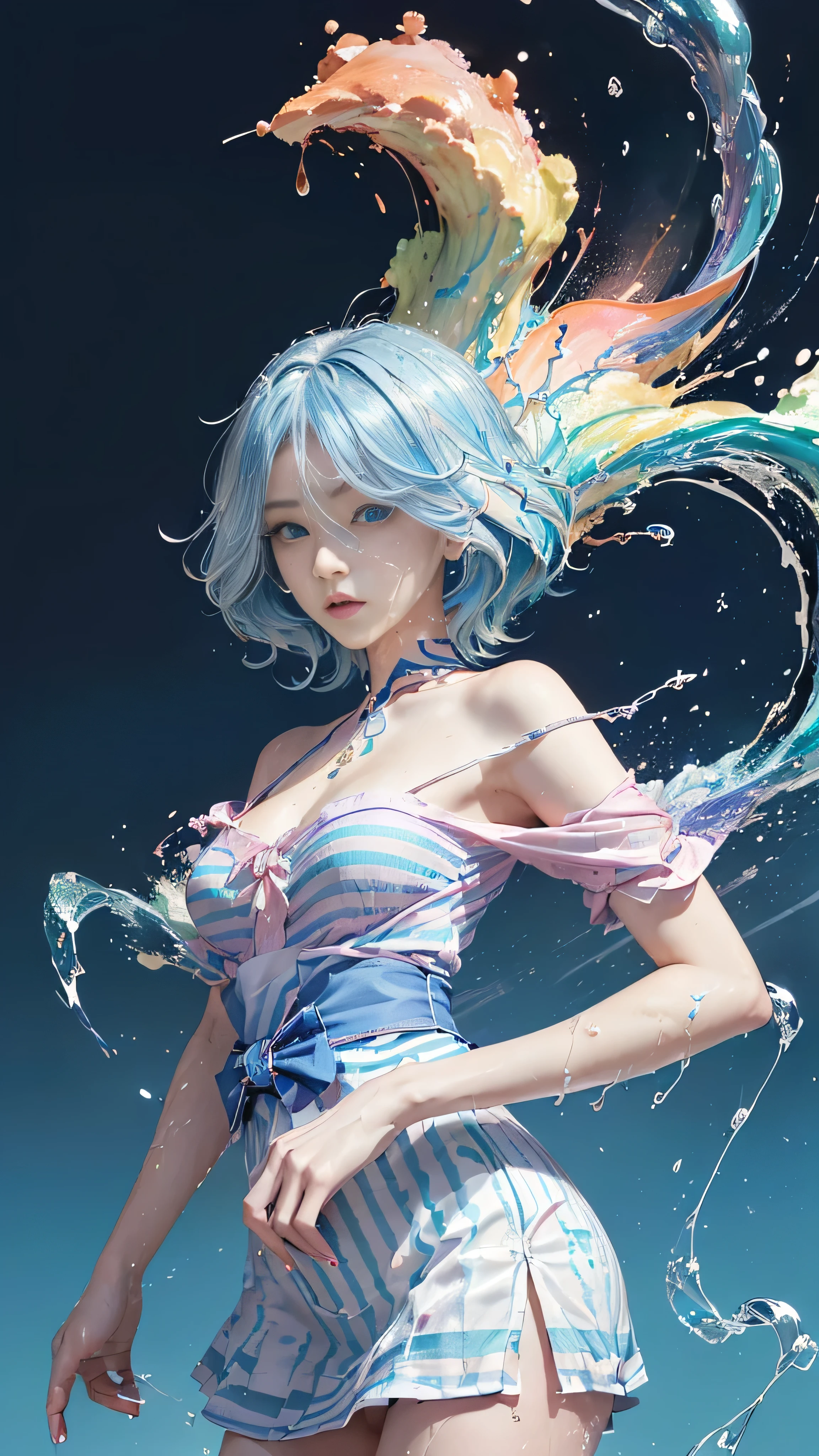 （Pink Fashion T-shirt：1.9），(hair color:1.8),(All the colors of the rainbow:1.8),(((((Draw a vertical：1.6))),（Draw a：1.6），street，uniformity，Light，Uniformity，big eyes，crystal clear eyes，（Rainbow Gradient Half Long Hair：1.7），Exquisite makeup，shut up，（Small fresh：1.5），（huge：1.6），Long eyelashes，Pink off-shoulder T-shirt，Pink miniskirt，looking at the audience，Big watery eyes，（Rainbow Hair：1.6），Color splash，（Unique：1.8），Color splash，Color Explosion，Coarse Uniformity Wind Grid, messy lines, ((Shiny))，(rich and colorful), (rich and colorful), (rich and colorful), rich and colorful, Coarse Uniformity Wind Grid, (splash) (Color splash), Vertical uniformity painting, Upper Body, Uniformitysplash, acrylic paint, slope, Draw a, Highest image quality, best quality, masterpiece, Solitary, Depth of Field, FaceDraw a, Colorful clothes,(grace:1.2),gorgeous one,long blue hair,wind,(grace:1.and others:1.4)，(((tmasterpiece))),(((best quality))),((Super detailed) ),(Light),(Dynamic angle),((float)),(uniformity),((Loose hair)),(one person),(1 girl),(((Beautiful and delicate face)),collar, Shoulders,Blue Hair,((Colored hair)),((Striped hair)),beautiful eyes,(blue eyes),(((blue eyes))),(((rich and colorful background))),( ((High saturation))),(((Surrounded by colorful splash))),beautiful eyes,(blue eyes),(((blue eyes))),(((rich and colorful background))),(((High saturation))),(((Surrounded by colorful splash))),beautiful eyes,(blue eyes),(((blue eyes))),(((rich and colorful background))),(((High saturation))),(((Surrounded by colorful splash))),