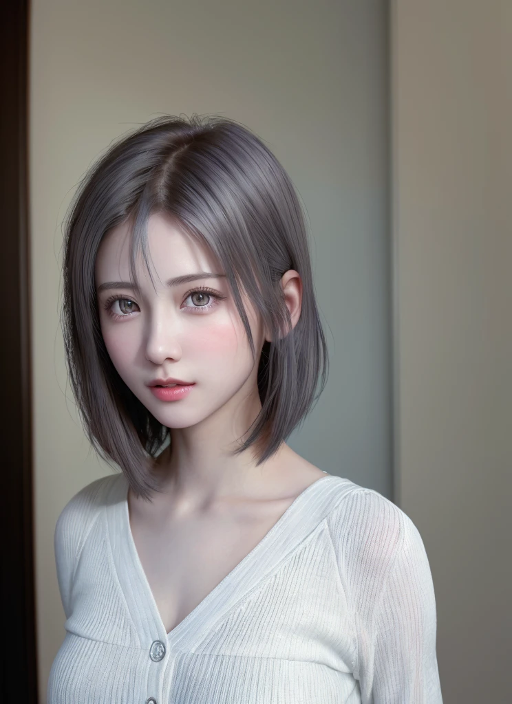 (8K, Photorealistic, Raw photo, of the highest quality: 1.3), (1girl in), Super beautiful, (Realistic face), (boyish, Silver Color Berry Shorthair), Beautiful , Glare that captivates the viewer, Beautiful expression, Beautiful breasts, (Realistic skin), Be...