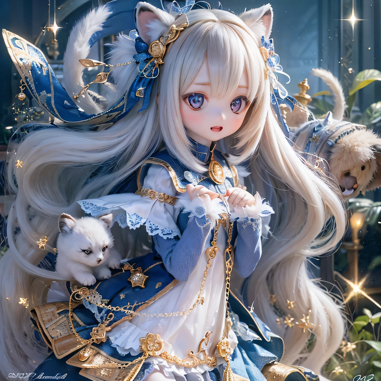 (highest quality,4K,8k,High resolution,masterpiece:1.2),Very detailed,Realistic,White Tiger Girls Chibi,Beautiful details,Long eyelashes,Detailed lips,A girl in colorful and cute clothes,A tall tree with vibrant flowers々々Play in the Magical Garden,Soft, warm sunlight hitting the trees々Plug in from between,Creates a magical and dreamy atmosphere,Sparkling fairy dust floating in the air,Bring a sense of glamour and wonder to your scenes,The skin has a delicate and intricate tiger pattern..,Glows softly, Mysterious Light,The innocent and happy expressions of the girls,
Emphasize a pure and playful personality,Small and adorable chibi characters, Make school uniforms even cuter, A harmonious blend of reality and fantasy, Inspires childlike joy and imagination throughout the body, vibrant and lively color palette,
Shades of pink, purple, Blue and,Painting-like texture, Add depth and richness to your artwork, Capture the magical essence of the scene.Run