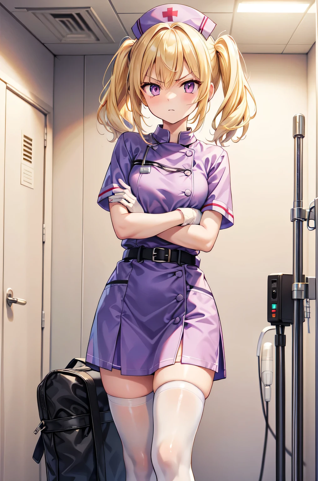 1girl, solo, nurse, nurse cap, white nurse uniform, ((white legwear, zettai ryouiki)), white gloves, twintails, yellow hair, purple eyes, angry, crossed arms, standing, ((hospital room)), sharp outline, short sleeves, best quality, masterpiece