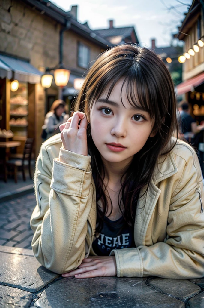 (8K, RAW photo, highest quality, masterpiece:1.3), (realistic, photo-realistic:1.4), (Highly detailed 8K wallpaper), sharp focus, Depth of written boundary,
japanese idol,very cute, (coat:1.3),(Medium hair: 1.3), Upper body, highly detailed face and eyes,((shiny skin:1.2)), cinematic lighting, soft light, blur background,( An old European village street in the early morning, cobblestone roads, with a bakery emitting a warm glow and inviting aroma.)