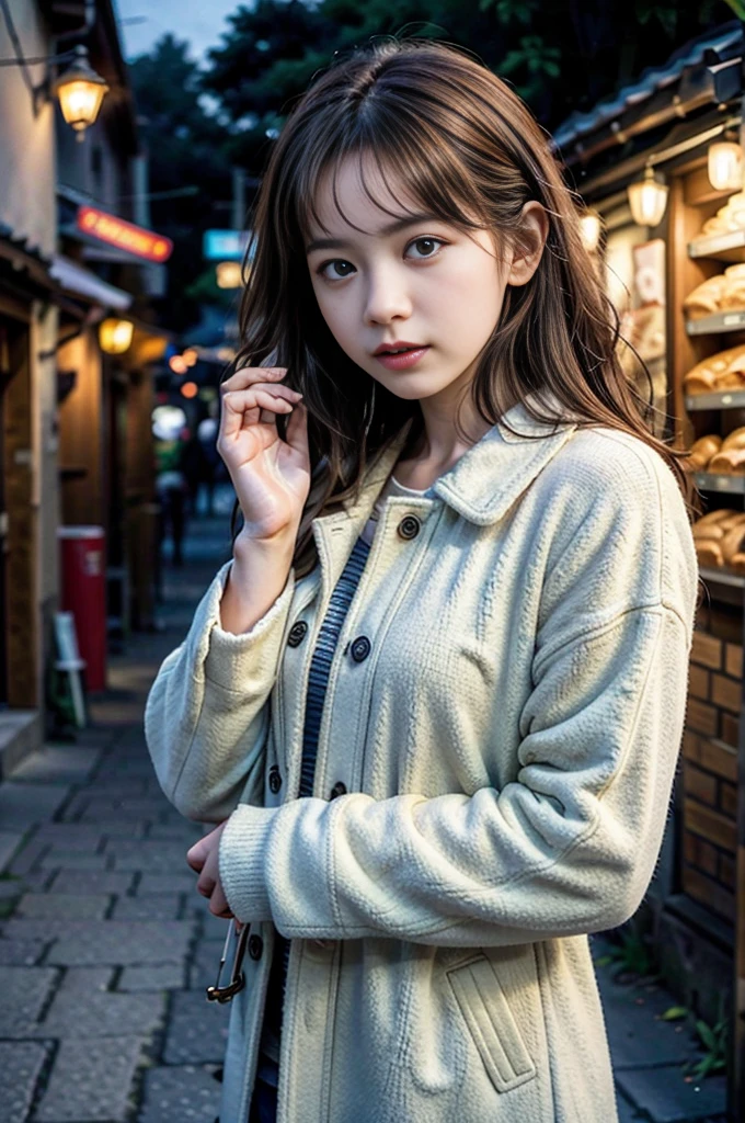  (8K, RAW photo, highest quality, masterpiece:1.3), (realistic, photo-realistic:1.4), (Highly detailed 8K wallpaper), sharp focus, Depth of written boundary,
 japanese idol,very cute, (coat:1.3),(Medium hair: 1.3), Upper body, highly detailed face and eyes,((shiny skin:1.2)), cinematic lighting, soft light, blur background,( An old European village street in the early morning, cobblestone roads, with a bakery emitting a warm glow and inviting aroma.)