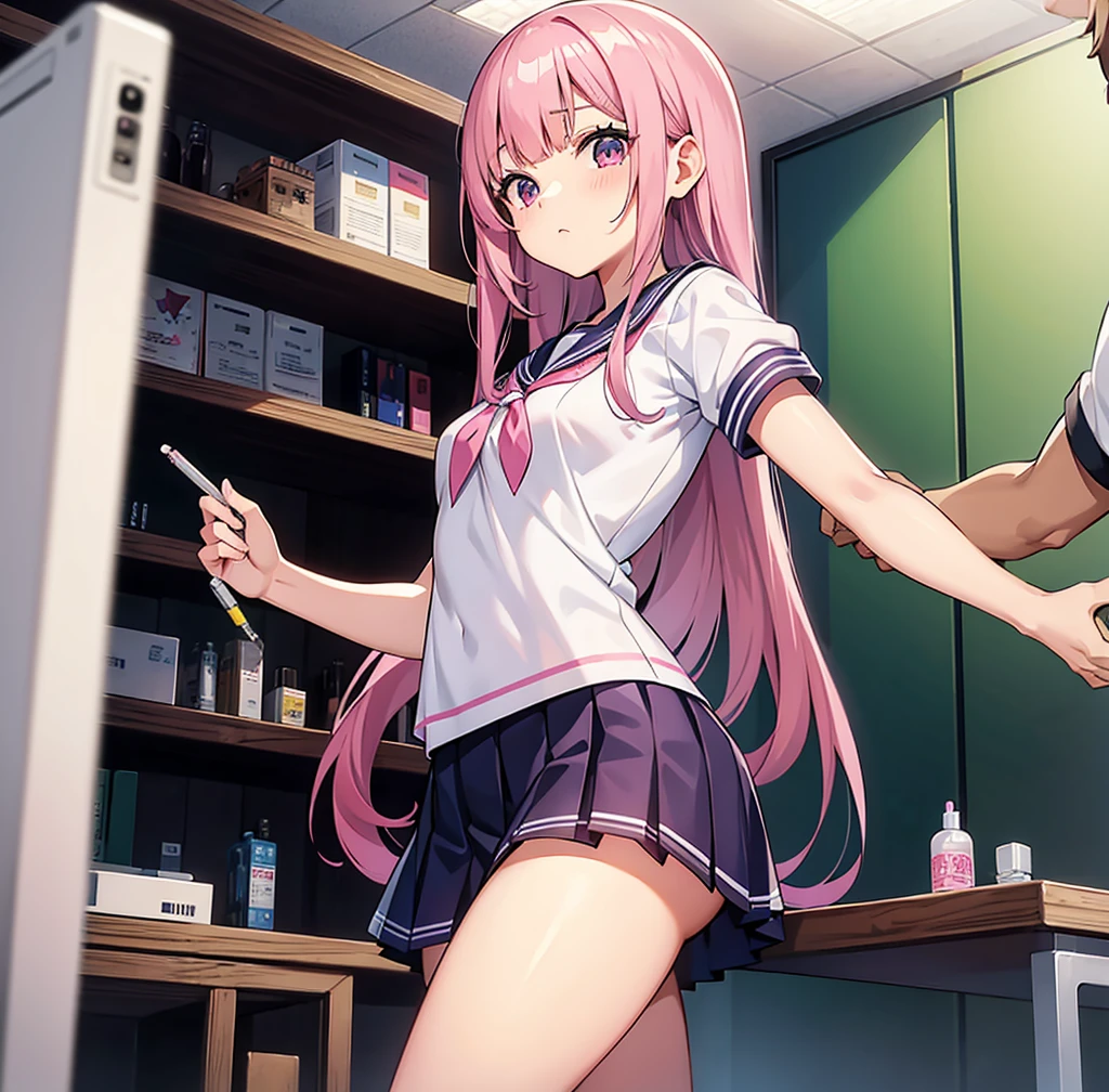 A pink-haired high school girl in a sailor uniform receives a vaccination、A man grabs your arm、Take the syringe and stick it into your upper arm.。.