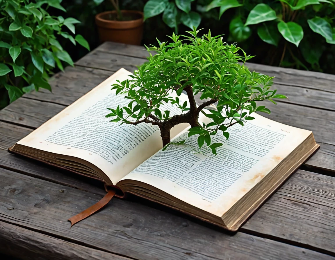 Create a 4K image of an old, leather-bound book lying open on a wooden table. The pages are transforming into various species of trees and plants, growing out of the book. Use a top-down camera angle to capture the entire scene. The lighting should be warm and soft, like golden hour sunlight filtering through leaves, highlighting the texture of the book and the vibrant greenery. Ensure the image is highly detailed, in sharp focus, and of very high quality with no blur, super realistic.