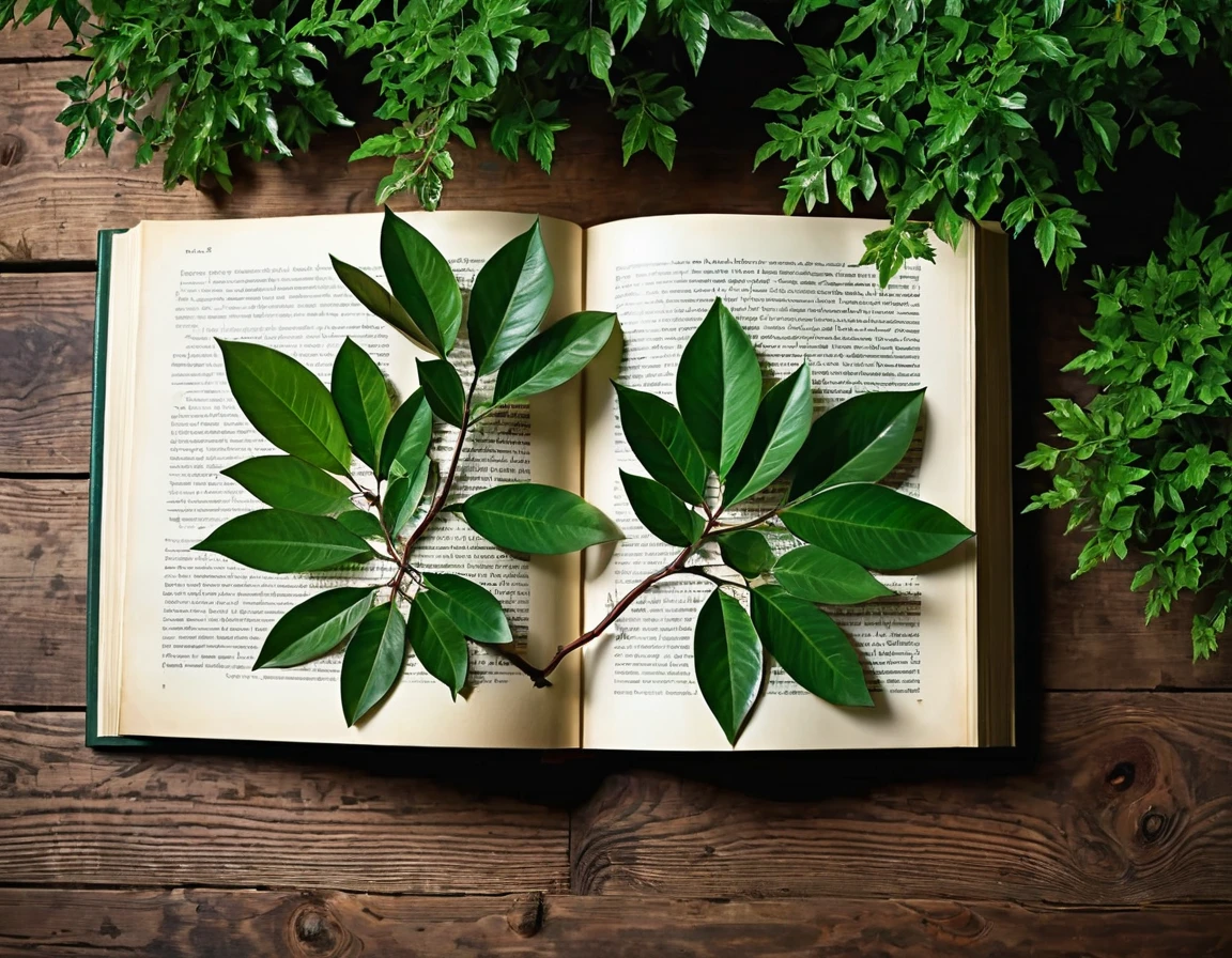 Create a 4K image of an old, leather-bound book lying open on a wooden table. The pages are transforming into various species of trees and plants, growing out of the book. Use a top-down camera angle to capture the entire scene. The lighting should be warm and soft, like golden hour sunlight filtering through leaves, highlighting the texture of the book and the vibrant greenery. Ensure the image is highly detailed, in sharp focus, and of very high quality with no blur, super realistic.