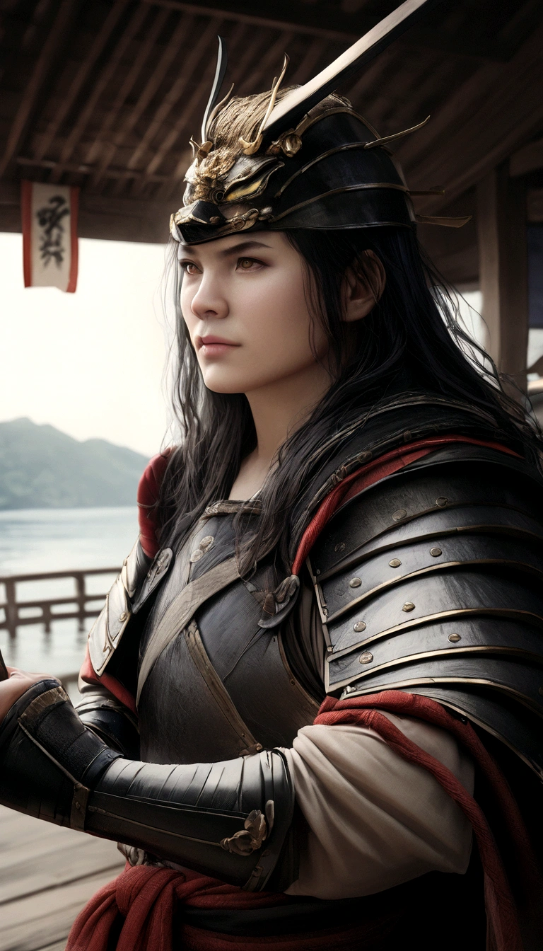 highest quality,4K,8k,High resolution,masterpiece:1.2),Super detailed,(Realistic,photoRealistic,photo-Realistic:1.37),Japanese samurai in the Sengoku period, Wearing full samurai armor,Looks like a Chinese movie actor, Ready posture, Brandishing a sharp sword, Gives off a strong sense of intimidation, Glowing yellow eyes, Black armor,The background is the sea