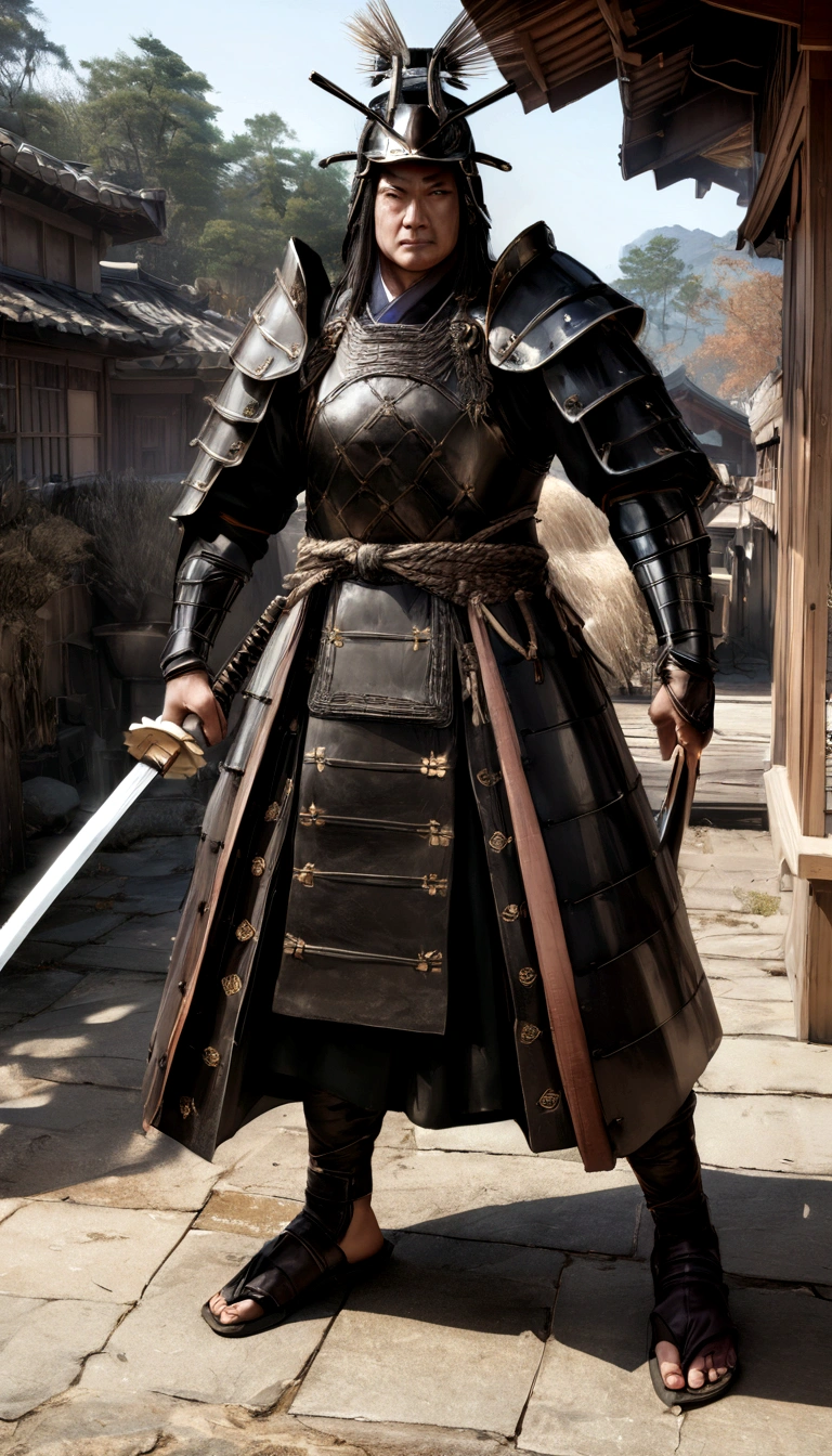 highest quality,4K,8k,High resolution,masterpiece:1.2),Super detailed,(Realistic,photoRealistic,photo-Realistic:1.37),Japanese samurai in the Sengoku period, Wearing full samurai armor,Looks like a Chinese movie actor, Ready posture, Brandishing a sharp sword, Gives off a strong sense of intimidation, Glowing yellow eyes, Black armor,The background is the sea