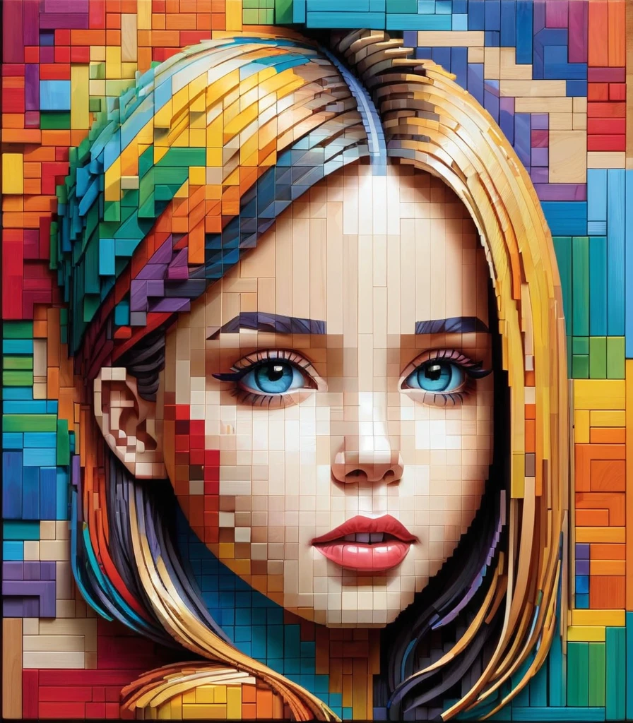pixel art,Australian artist Gil Bruvel uses colorful wooden blocks to create a 3D pixelated portrait of a girl.