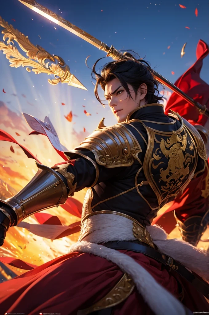 8K,knight with sword,Gorgeous extra large armor(The elaborately crafted coat of arms of a nobleman),classy pants,ultra high resolution,surreal,realistic skin,Black hair short hair,big red eyes,muscular body,Purfluz,background,battlefield,waist armor,delicate hands, Perfect hand shape, character art,Battle scenes,action scene,action pose,masterpiece,Realistic RAW photos of the highest quality。bright colors,rich colors, backlight, movie lights, film grain, born, 50mm lens, Nikon D850,realistic skin,fantasy art,character art,ultra high resolution,realistic scale skin,forage,laugh,dynamic pose,action pose,holding it for a long time, bayonet, Male 1