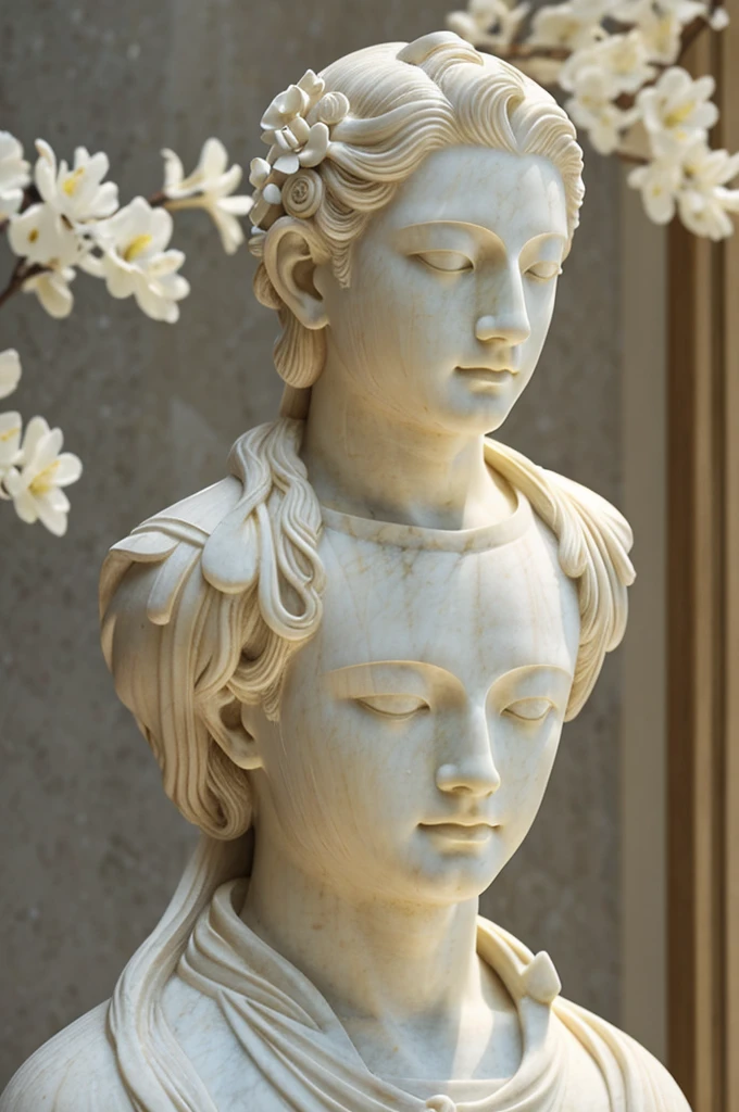 marble boy statue with blond hair and ivory skin, flowers, Zen aesthetics, Zen vibrations, water, reflecting, Contemplation, aesthetics, whiteness,