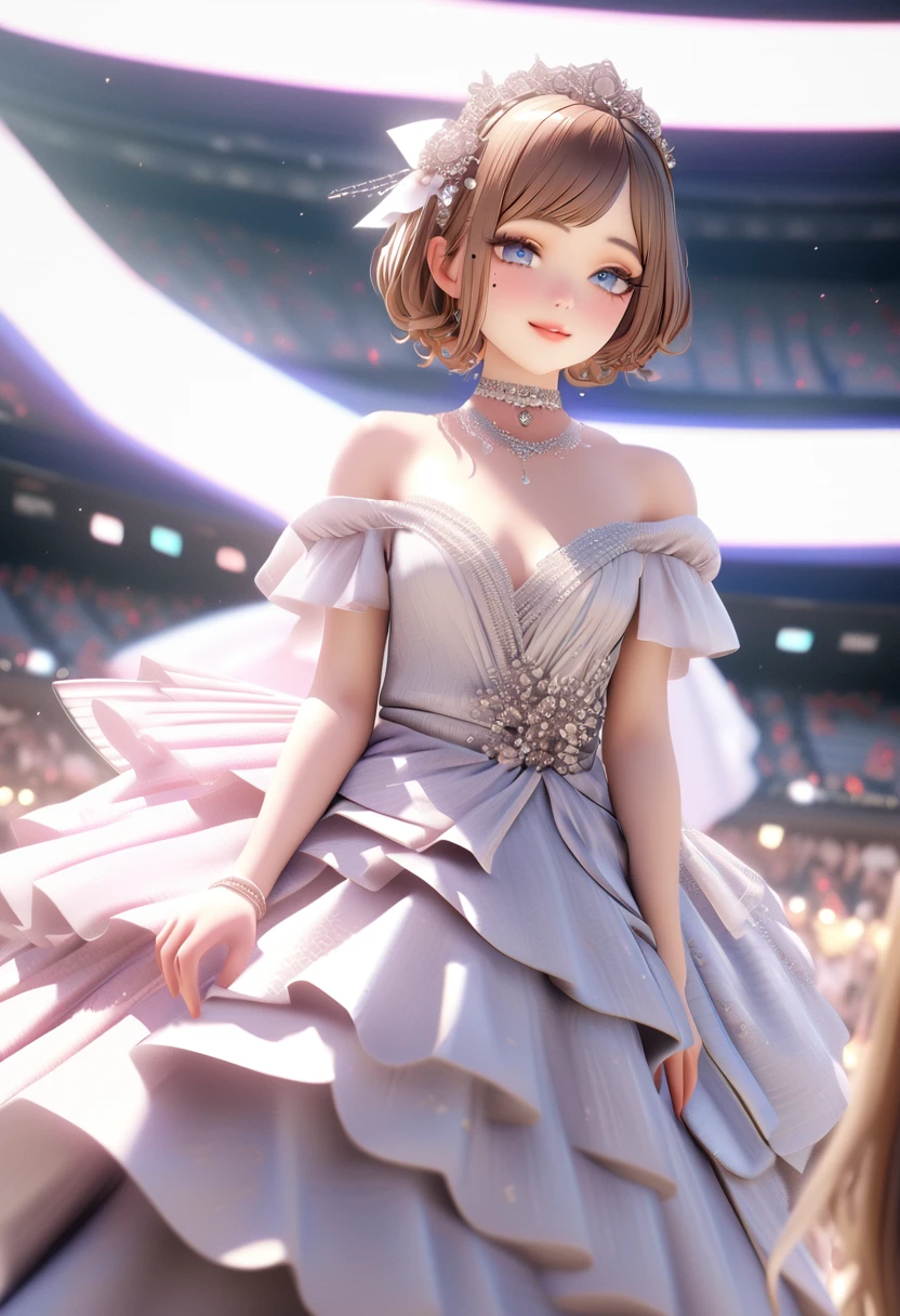 One girl, looking at the audience,
beautiful blue eyes, brown short hair, mole under eye, plump glossy lips, heart shaped choker, idol, smiling, . . . . 3D, realistic,
princess dress with too many frills, draped clothes, jewels, embellishments stripped away, floral patterns, lace trim, bright stage,
masterpiece, best quality, 8k, detailed skin texture, detailed fabric texture, beautifully detailed face, intricate details, highly detailed,
ultra high resolution, 8K Ultra HD, film grain, best shadows, delicate, looking at the audience, front