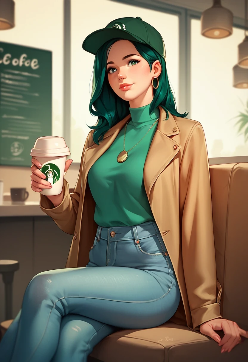 1 girl, alone, coffee shop, green hair, hat, coat, jeans, sitting on a chair, dynamic poses, In the building, legs and extra fingers