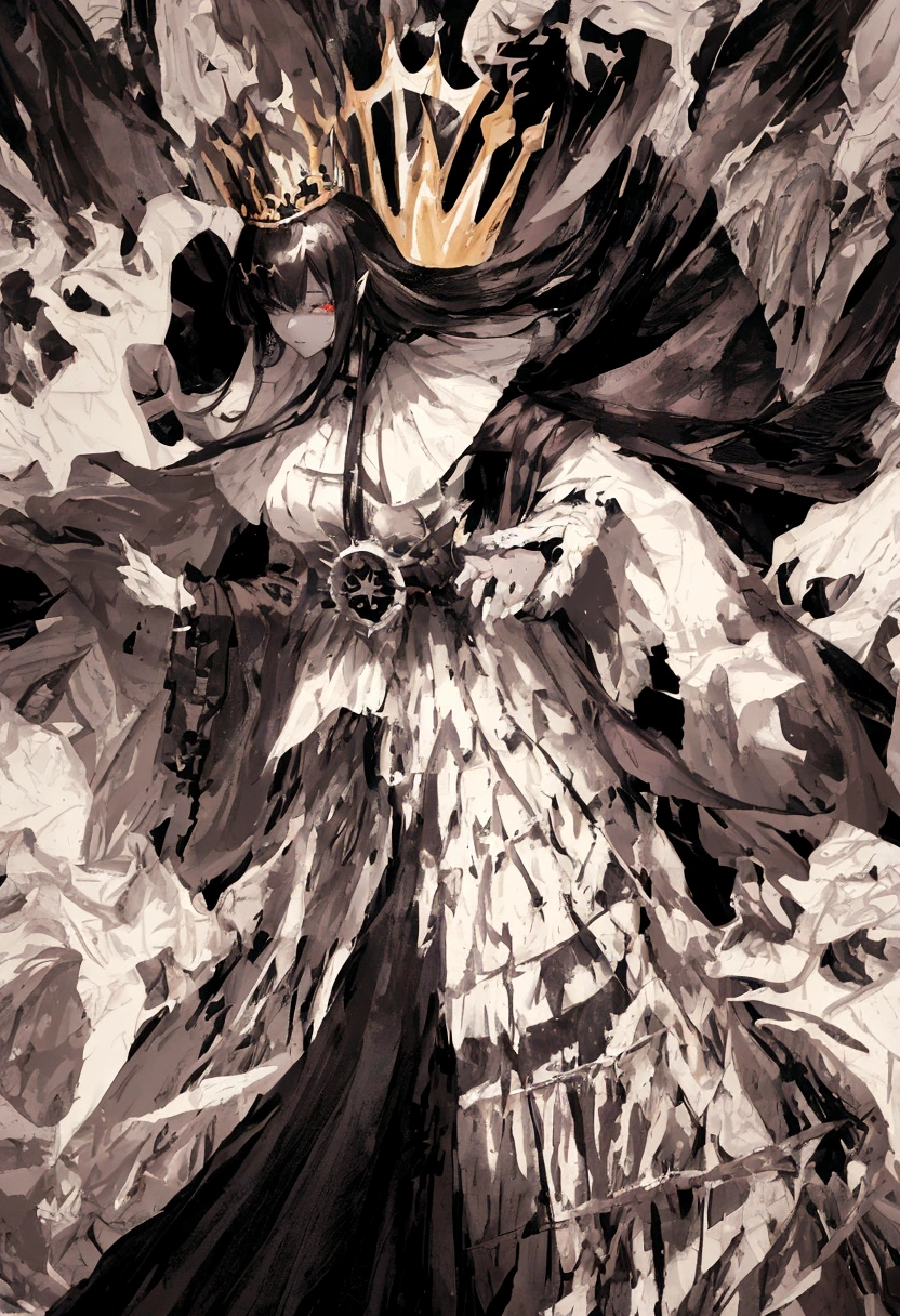 drawing of a woman in a long cape and black and white dress, crown on head, Full review, dark fantasy character design, interesting character design, queen, warrior character,The Dark Goddess, best anime character design, Anime girl, dark sorceress fullbody pose