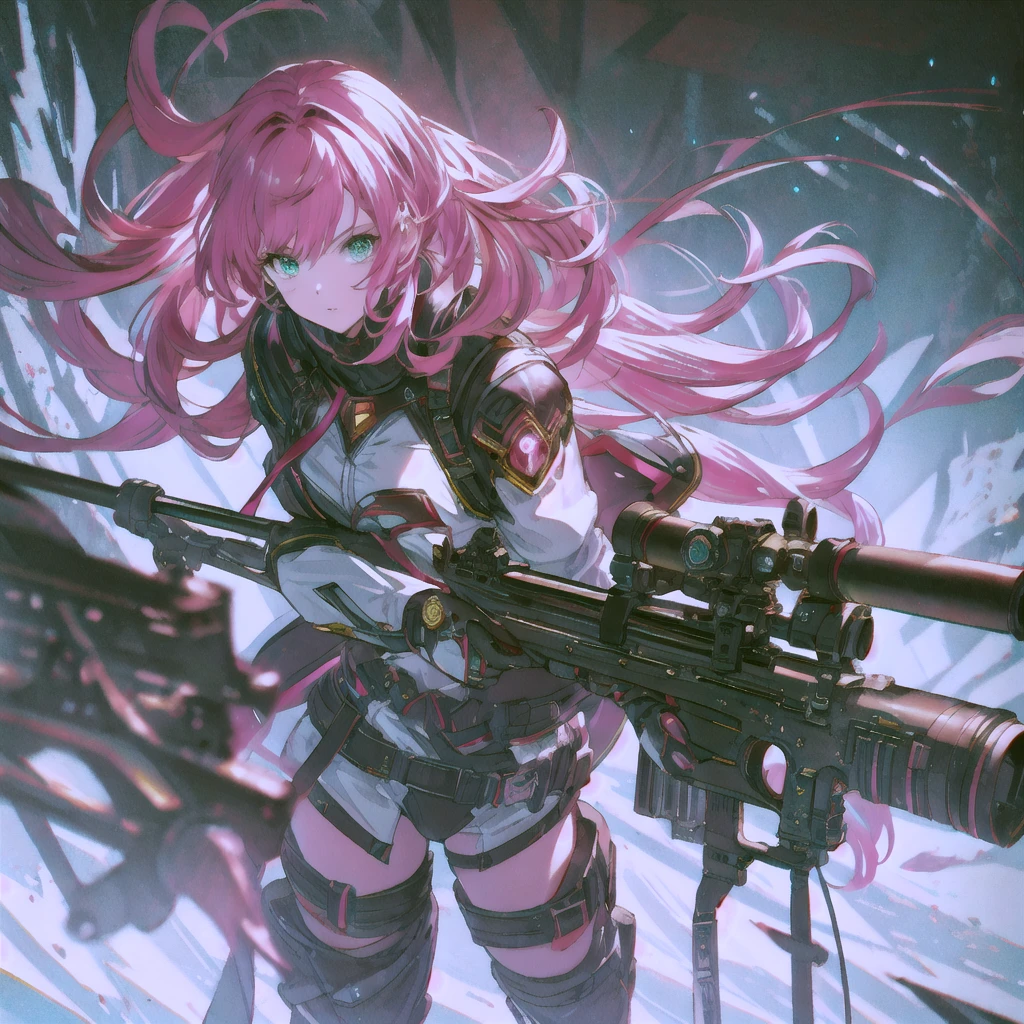 1girl、[17277fbe68],(((highest quality、Masterpiece、Official Art、The best dynamic composition)))、(Fine hair)、(Tabletop, highest quality), Super detailed, Anime Style, whole body, Cyberpunk Girl, Gripping a high-tech rifle, Pink Hair, Glowing green eyes, Wearing a magical girl costume , 8K High Resolution, Trend Art Station, White Background, Standing in the Wilderness, whole body,