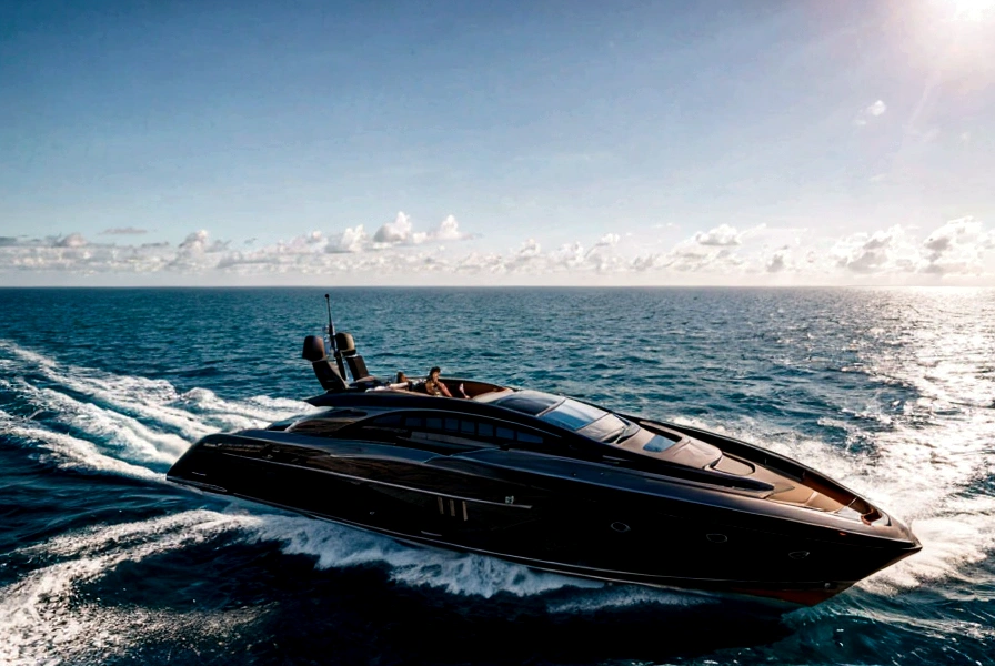 Realistic photography of a woman standing on front of a luxury wood and black speed boat, in the ocean.
