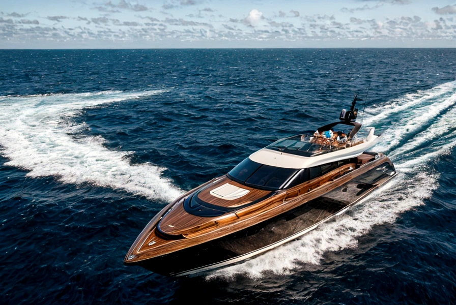 Realistic photography of a woman standing on front of a luxury wood and black speed boat, in the ocean.