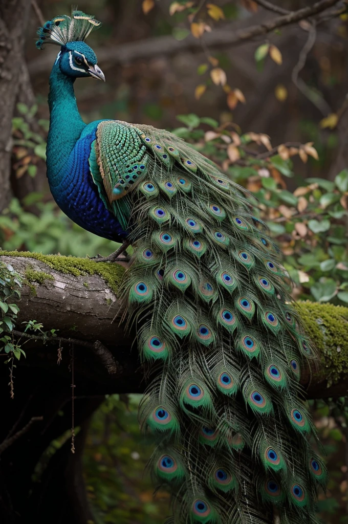 peacock sitting on a branch with its tail spread out in autumn, peacock colors, 9 peacock tails, peacock, 9 brilliant peacock tails, colorful plumage, beautiful and graceful, beautiful feathers, peacock. intricate, peacock feathers, beautiful nature, beautiful photo, feathered, beautiful creature, beautiful and elegant