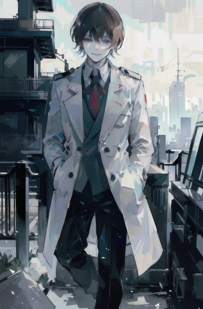 young man, brown hair, blue eyes, smiling, medium hair, wearing a pure white trench coat, wearing black pants, in one city, 4k, detailed, sui ishida art style, detailed eyes,
