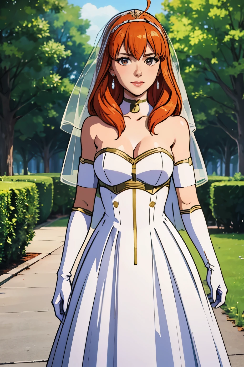 celica fe,  hair between eyes, ahoge, orange hair, star \(symbol\), hair ornament, dress, cleavage, bare shoulders, collarbone, long white elbow gloves, white gloves, white dress, white choker, strapless, tiara, veil, strapless dress, wedding dress, bridal veil, beautiful woman, perfect body, perfect breasts, wearing a wedding dress, ball gown, in the park trees, wedding decorations, a warm smile, realism, masterpiece, textured skin, super detail, high detail, high quality, best quality, 1080p, 16k