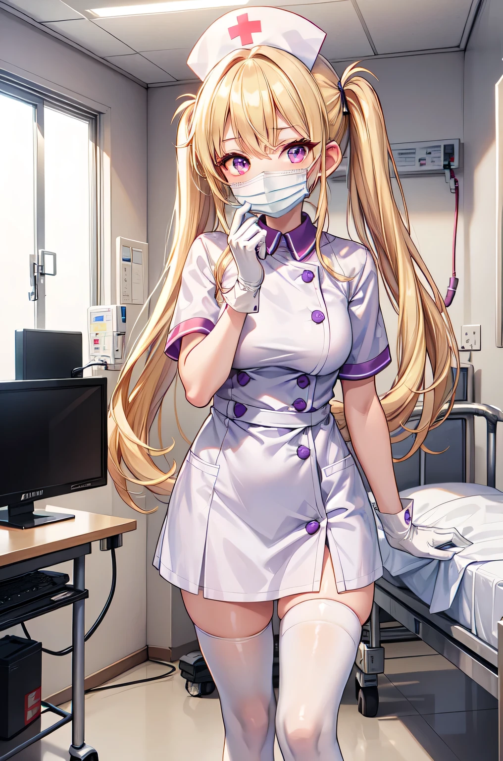 1girl, solo, nurse, nurse cap, white nurse uniform, ((white legwear, zettai ryouiki)), white gloves, twintails, yellow hair, purple eyes, ((white surgical mask, covered nose)), standing, ((hospital room)), sharp outline, short sleeves, best quality, masterpiece