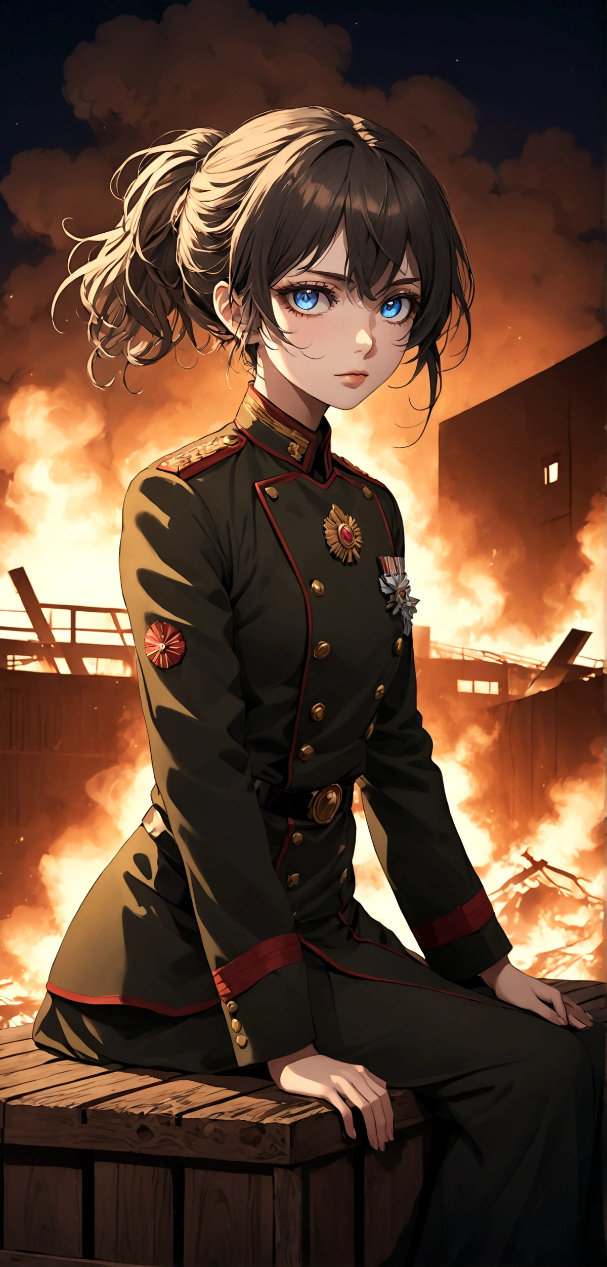 A beautiful anime girl wearing a  military uniform, sit on wood box drink coffee behind warehouse burning in the night, 90 photo color tones, detailed face and eyes, masterpiece, highly detailed, photorealistic, cinematic lighting, dramatic shadows, vibrant colors, intricate details, elegant pose, stoic expression