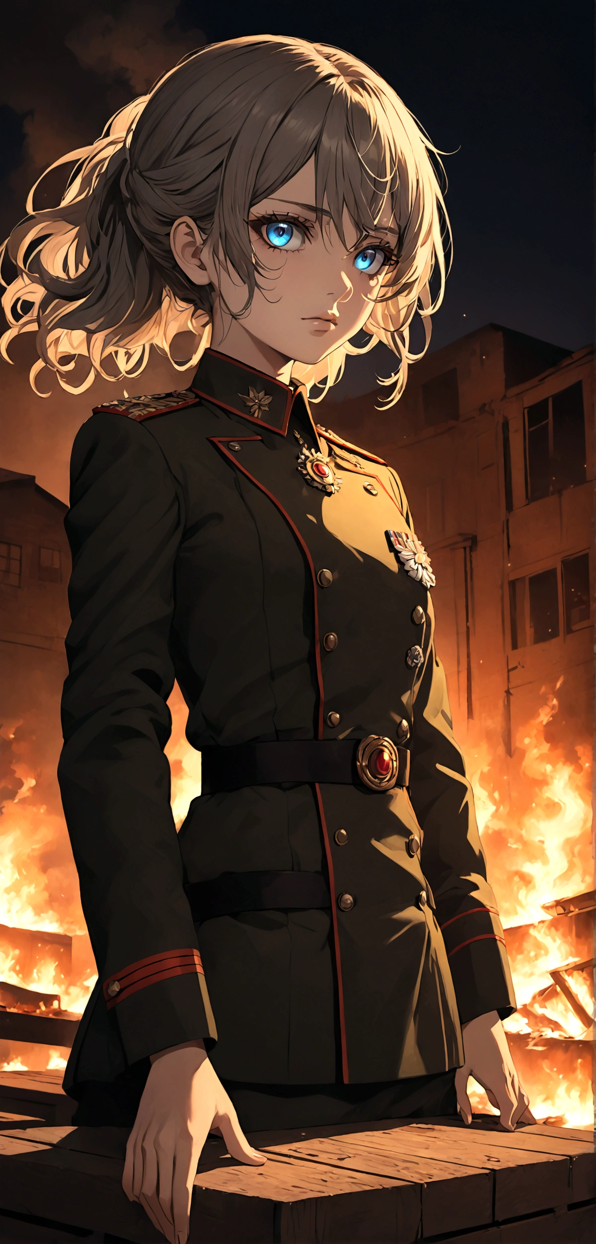 A beautiful anime girl wearing a  military uniform, sit on wood box drink coffee behind warehouse burning in the night, 90 photo color tones, detailed face and eyes, masterpiece, highly detailed, photorealistic, cinematic lighting, dramatic shadows, vibrant colors, intricate details, elegant pose, stoic expression