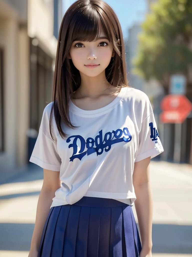 (8k, RAW Photos, highest quality, masterpiece:1.2), (Realistic, photo-Realistic:1.4), (Highly detailed 8k wallpaper), ((Full Body Shot)), (1 girl), Sharp focus, Depth of written boundary, Cinematic lighting, Soft Light, 緻密な美しさのeye, eye_Chan, Very beautiful 17 year old girl, innocent big eyes, Realistic, photo Realistic, Highly detailed cute girl, (Thin thighs), (Model Body Type), 18-year-old, (((Los Angeles Dodgers T-shirt))), ((Micro Mini Pleated Skirt)), (((Fold your arms in front of your chest and act arrogantly))), ((A happy smile)), Parted lips, Watching the audience, (On the streets of Los Angeles) , (Brown Hair),(Long Bob Hair), (Asymmetrical bangs)