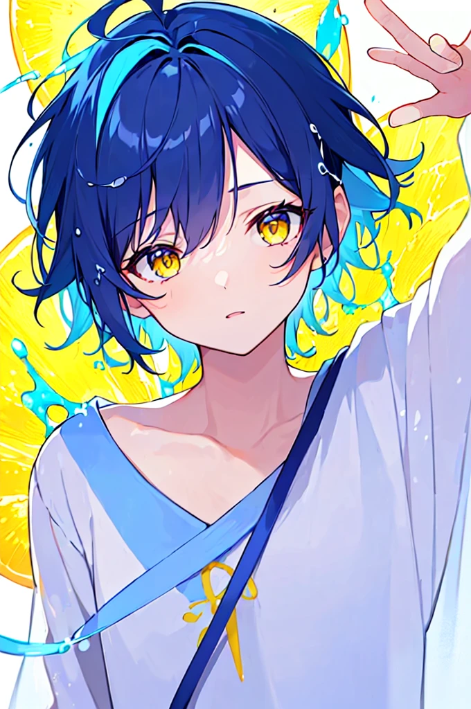 [(WHITE BACKGROUND:1.5),::5], ((((masterpiece)))), high quality, very_high_resolution, large_filesize, upper body, full color, ((Solo)), ((little boy)), 13 old year, short deepblue hair, vivid color, ((yellow eye)), Summer clothes white, animestyle, (NeonSoda Splash effect:1.3)