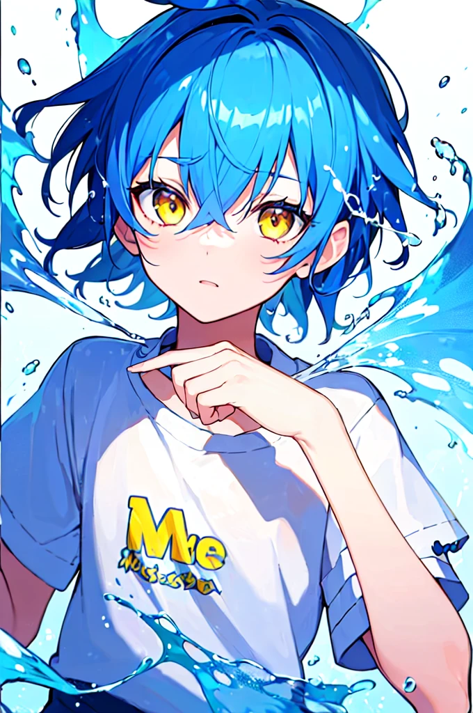 [(WHITE BACKGROUND:1.5),::5], ((((masterpiece)))), high quality, very_high_resolution, large_filesize, upper body, full color, ((Solo)), ((little boy)), 13 old year, short deepblue hair, vivid color, ((yellow eye)), Summer clothes white, animestyle, (NeonSoda Splash effect:1.3)