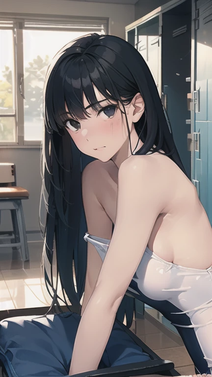 masterpiece,highest quality,High resolution,figure,Super detailed,8k CG wallpaper,Ray Tracing,(Black Hair:1.1),((Long Hair:1.1)),(black eye:1.1),Straight hair,Medium chest,(Upper body naked1:1.3),Cover your chest with your hands,Leaning forward,((Embarrassing:1.2)),((sit:1.2)),Navy blue oversized swimsuit,locker room
