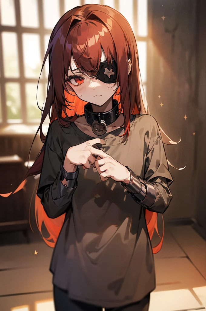 {masterpiece, distinct_image, extremely detailed CG, beautiful eyes and detailed face, 4k, 8k, high_resolution, perfect_finger, medieval style, (beautiful_detailed_eyes:1.3), glitter, black_light, dark_night{(miniboy,shota, slave:1.3), face_focus,full body, looking for_in_viewer, standing},{(shota,slave:1.3) (tattered_very_big_gray T-shirt, no pants, {thick_gray_metal_collar:1.6}, black_right_eyepatch:1.5), (red_hair, red_eyes, long_hair, hair_over_one_eye, one_eye_covered_with_hair, asymmetrical_bangs:1.4), (tired_face, glaring, breathing:1.3), (Middle_Ages_prison_indoor:1.3)}}