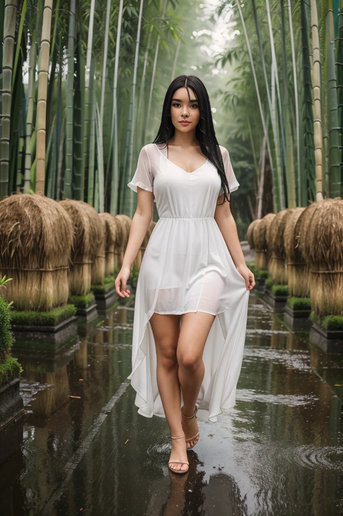 Masterpiece , best quality , ultra high res , 4k , hyper realistic ,photorealistic , Pov of hand hold hand of 1 girl, 25 years old , half body , plump ,beautiful face, stand on road, wearing long Thin white dress, very long black hair. background of wet road, bamboo tree, cemetery , spooky atmosphere,