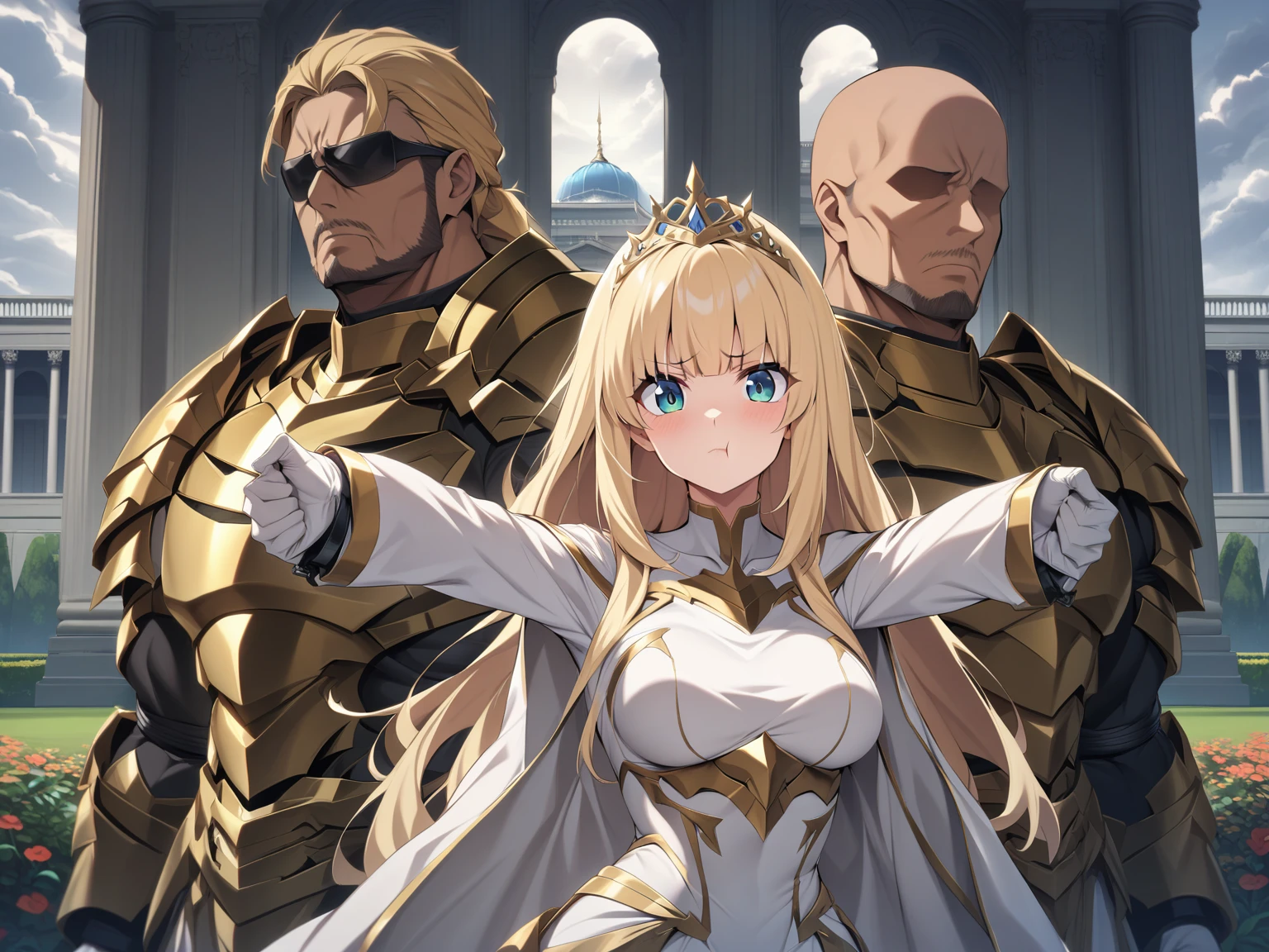 {{upper body, straight-on}} {{Artist: moisture_(chichi)}} 1 woman, 2 guards on either side restraining her, 2 men wearing armor, mature female, elegant, princess, medium breasts, straight hair, golden hair, long hair, hime cut, green eyes, white dress, gold trim, tiara, looking at viewer, pout, restrained by two men, faceless male, outdoors, garden, palace, cloudy, moonlight, window.
