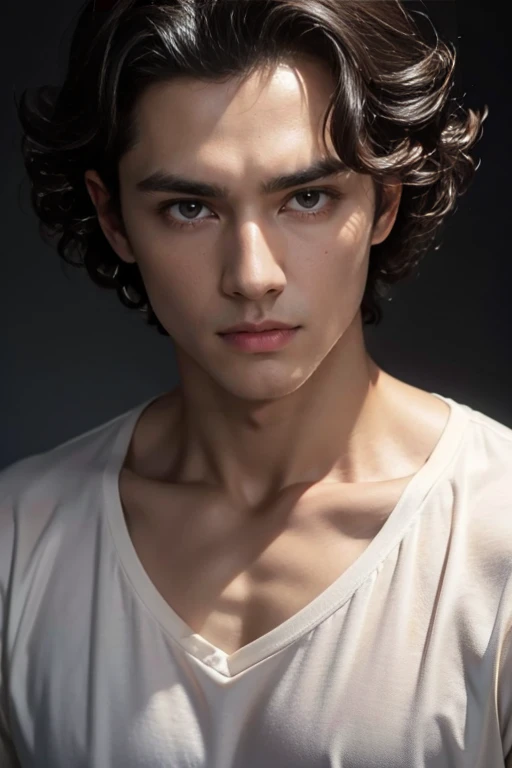 masterpiece, best quality, realistic 8K, one mature male, 25 years old, extremely detailed face, ((yellow eyes)), ((short black waved perm hair covering all forehead)), Extremely delicate and stern face ((cold look)), ((sharp eyes)), 21st century, (whole portrait), dark grey color background, red hair, albino boy, black hair, handsome, simple black v-neck t-shirt, bubbling hair, sexy, dark atmosphere, a faint smile, Decadent beauty, bright yellow eyes, masculine, wear only black v-neck t-shirt, model face, attractive