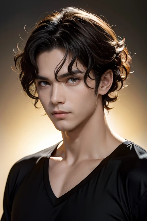 masterpiece, best quality, realistic 8K, one mature male, 25 years old, extremely detailed face, ((yellow eyes)), ((short black waved perm hair covering all forehead)), Extremely delicate and stern face ((cold look)), ((sharp eyes)), 21st century, (whole portrait), dark grey color background, red hair, albino boy, black hair, handsome, simple black v-neck t-shirt, bubbling hair, sexy, dark atmosphere, a faint smile, Decadent beauty, bright yellow eyes, masculine, wear only black v-neck t-shirt, model face, attractive