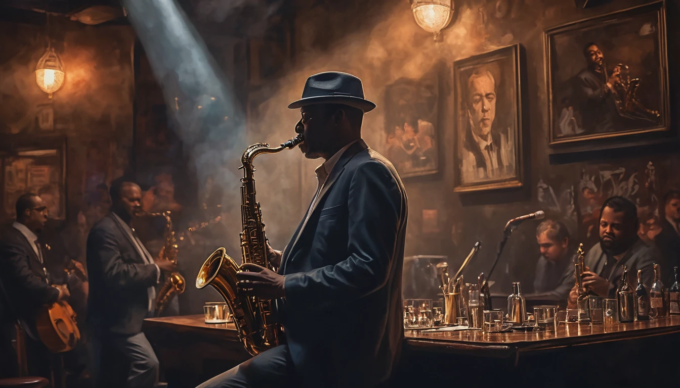 Impressionist painting, a moody scene at a intimate jazzclub, dark and smokey, a sole saxophonist is playing the gig of a lifetime, insane intricate detail, award winning art, raytracing, sharp focus, 8k, hdr, masterpiece, professional, highly detailed, perfect hands