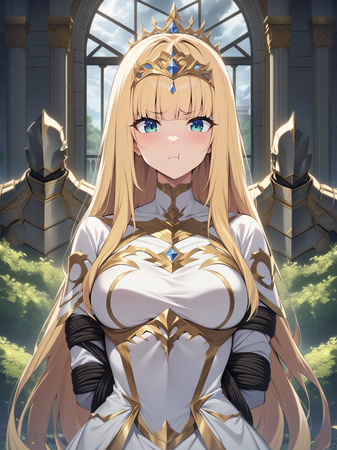 {{upper body, straight-on}} {{Artist: moisture_(chichi)}} 1 woman, 2 guards on either side restraining her, 2 men wearing armor, mature female, elegant, princess, medium breasts, straight hair, golden hair, long hair, hime cut, green eyes, white dress, gold trim, tiara, looking at viewer, pout, restrained by two men, faceless male, outdoors, garden, palace, cloudy, moonlight, window.