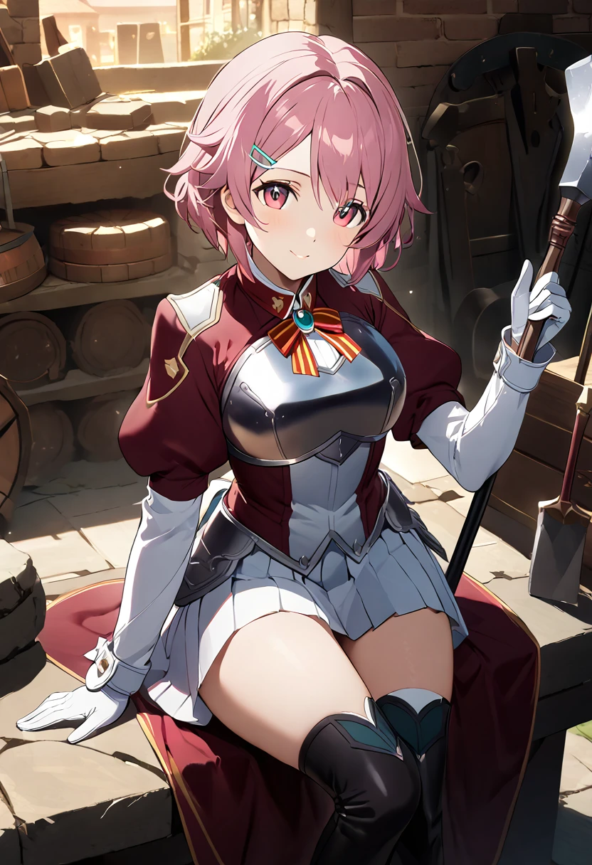 highest quality、unity 8k wallpaper、32k、masterpiece、Very detailed、Ultra-high resolution、　Magical Smith Lisbeth、lisbeth (sao)、Pink Short Hair、Puff sleeves、Shoulder rest、Silver Breastplate、Pleated skirt、Long gloves、Thigh-high stiletto boots、A large ribbon with a large brooch on the chest、Hair Clip、Hair Ribbon、Hold the magical hammer in one hand、Outside the forge