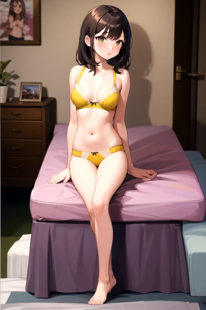 ((highest quality)), ((masterpiece)), (detailed), One girl, Yellow Bra,Sexy pose, string panties,Bedroom at home,Removing the bra hook