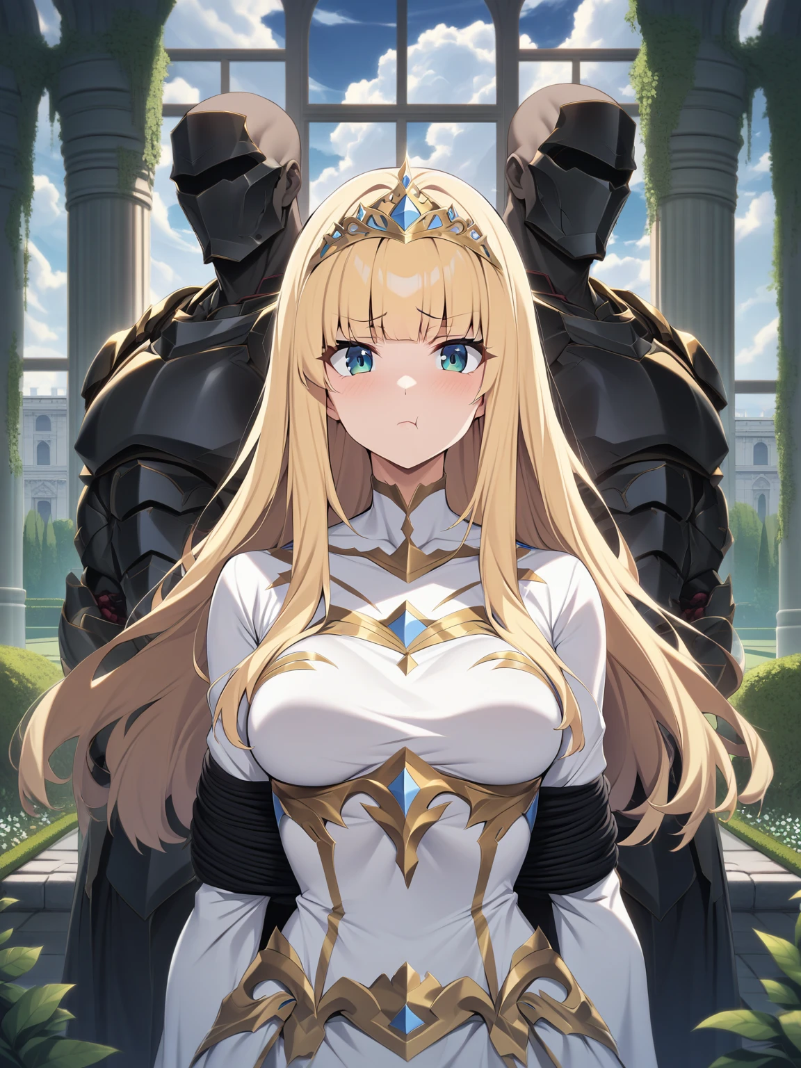 {{upper body, straight-on}} {{Artist: moisture_(chichi)}} 1 woman, 2 guards on either side restraining her, 2 men wearing armor, mature female, elegant, princess, medium breasts, straight hair, golden hair, long hair, hime cut, green eyes, white dress, gold trim, tiara, looking at viewer, pout, restrained by two men, faceless male, outdoors, garden, palace, cloudy, moonlight, window.
