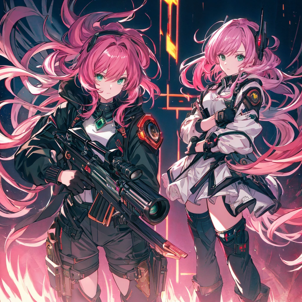 1girl、[17277fbe68],(((highest quality、Masterpiece、Official Art、The best dynamic composition)))、(Fine hair)、(Tabletop, highest quality), Super detailed, Anime Style, whole body, Cyberpunk Girl, Gripping a high-tech rifle, Pink Hair, Glowing green eyes, Wearing a magical girl costume , 8K High Resolution, Trend Art Station, White Background, Standing in the Wilderness, whole body,