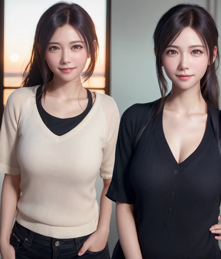 (masterpiece:1.3), (8k, photorealistic, RAW photo, best quality: 1.4), japanese, (1girl), beautiful face, (realistic face), (black hair, short hair:1.3), beautiful hairstyle, realistic eyes, beautiful detailed eyes, (realistic skin), beautiful skin, attractive, ultra high res, ultra realistic, highly detailed, golden ratio, (detaled face:1.2),looking at viewer,smile,open white shirt,medium breasts,standing,hand on hip