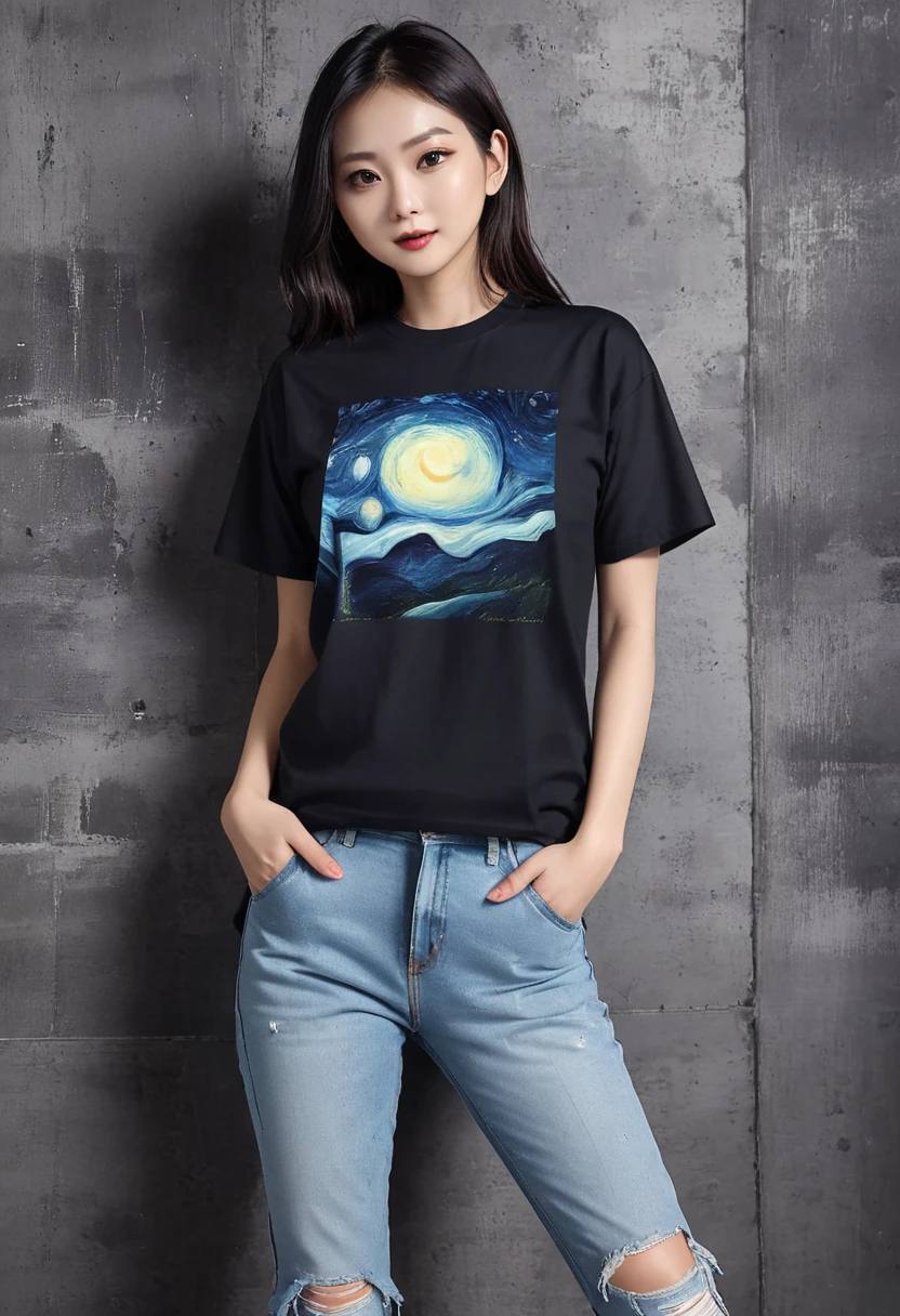 (8ก, raw photos, Highest quality, Masterpiece: 1.2), Special details, Super resolution, (TRUE, TRUE photos: 1.37), Plain black T-shirt
