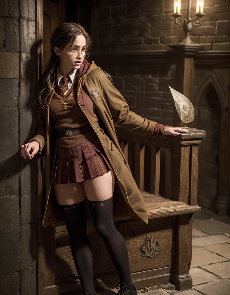 score_9, score_8_up, score_7_up, score_6_up, score_5_up, score_4_up, (8k, hd, best quality, highres), (extremely detailed), (ultra hyperrealistic photo: 1.2), the Barbie doll in realistic version, full body,
 ((Hogwarts wizard)), long voluminous hair and bangs, large round glasses, ((wearing Gryffindor house student outfit, long open coat with hood, pleated miniskirt in Gryffindor house colors, transparent white blouse showing nipples underneath, high wool stockings thick weave)), beautiful, charming, seductive, small spots of freckles sweat on the skin, ((small breasts with hard nipples, huge nipples marking the clothes)), (red mouth half open), green eyes (long thighs muscles , sweaty with delicate freckles on the thighs), hot, real skin with sweat, damp sweaty body, green eyes, (Setting from the film Harry Potter at Hogwarts Castle: 1.3), dark staircase at night, dark staircase, without windows, gloomy , twilight