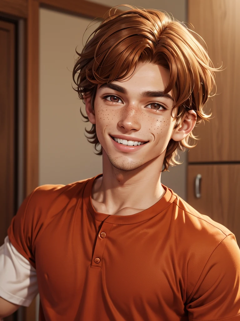 (best quality), 1boy, male, honey toned skin, chestnut hair, short hair, wavy hair, brown eyes, perfect eyes, freckles, red clothes, smile, masterpiece, anatomically correct, highres