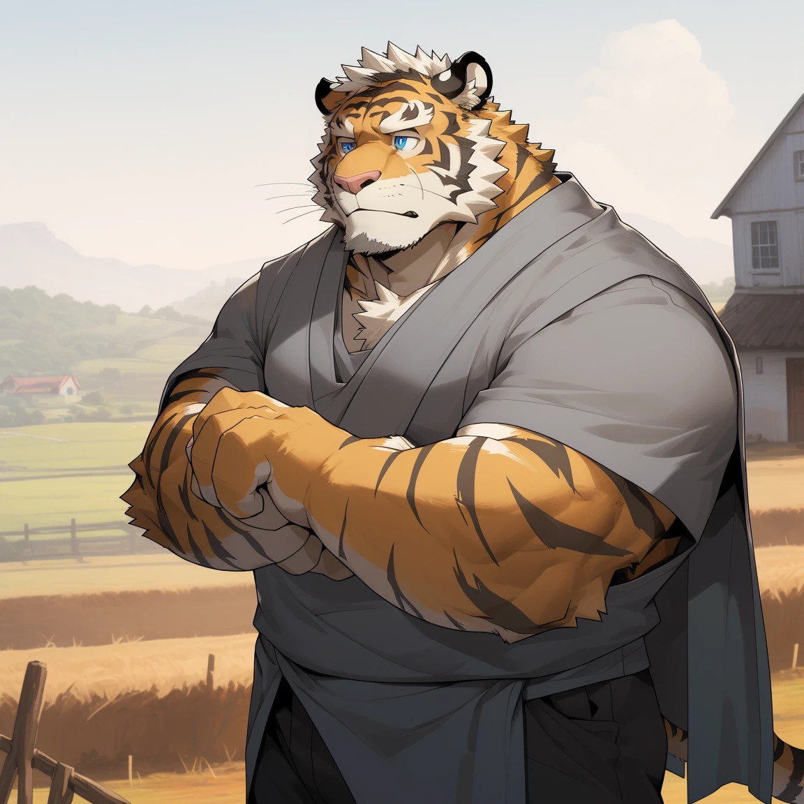 masterpiece, best quality, 8k resolution, Very detailed, hairy,tiger,((White short hair)),Strong body,(((Middle-aged and elderly))),(((Blue eyes))),For the audience,portrait,(Highest quality scene),(((Gray cloth))),((Solitary)),Black trousers,whole body,((Touching his chin and thinking)),(Mature),(((rural))),((yellow fur)),Standing,((farmer))
