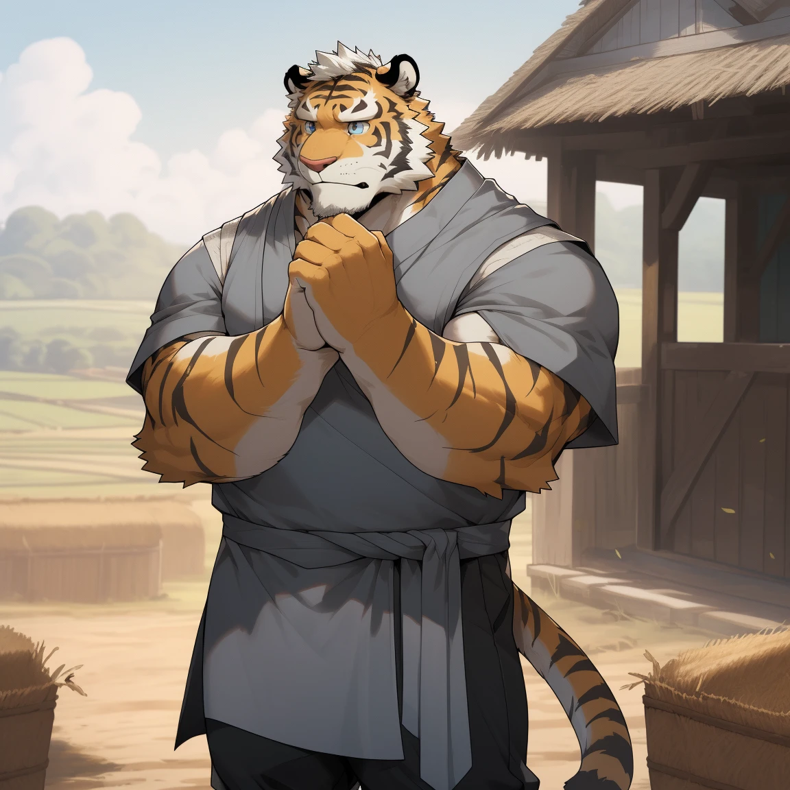 masterpiece, best quality, 8k resolution, Very detailed, hairy,tiger,((White short hair)),Strong body,(((Middle-aged and elderly))),(((Blue eyes))),For the audience,portrait,(Highest quality scene),(((Gray cloth))),((Solitary)),Black trousers,whole body,((Touching his chin and thinking)),(Mature),(((rural))),((yellow fur)),Standing,((farmer))