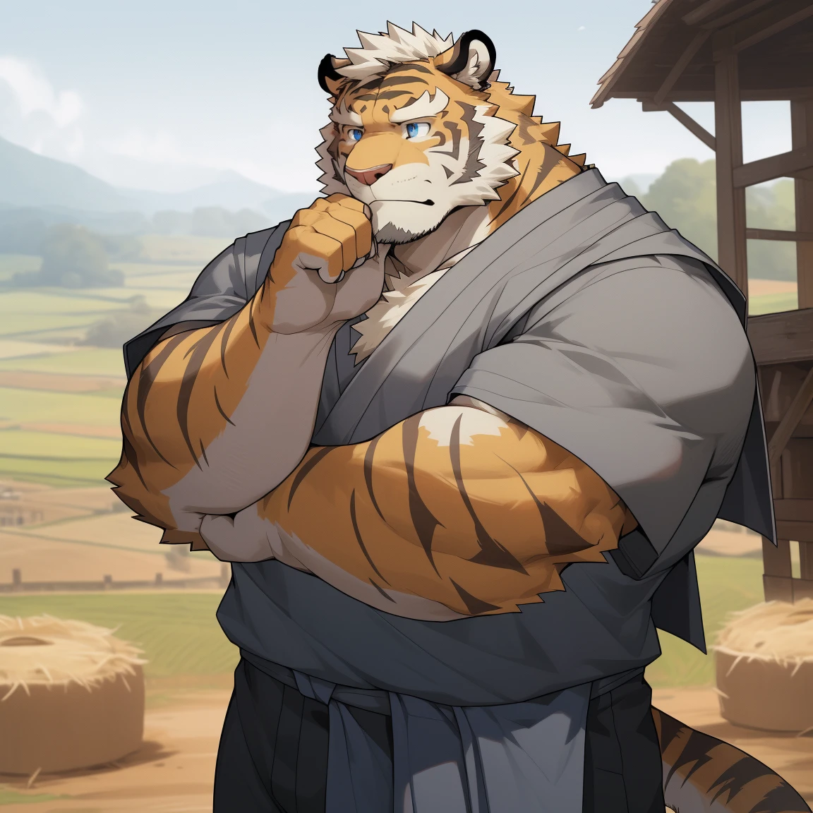 masterpiece, best quality, 8k resolution, Very detailed, hairy，tiger，((White short hair))，Strong body，(((Middle-aged and elderly)))，(((Blue eyes)))，For the audience，portrait，(Highest quality scene)，(((Gray cloth)))，((Solitary))，Black trousers，whole body，((Touching his chin and thinking))，(Mature)，(((rural)))，((yellow fur)),Standing，((farmer))