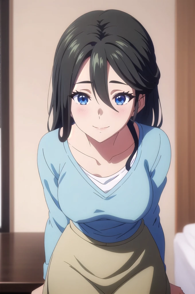 masterpiece, (best quality), 1woman,1girl ,haruhiko_ichijou_mother,  black hair, long hair,  (blue eyes),casual clothes, (skirt),big breasts ,, ,sexy woman,smile, hair between eyes, long sleeves,closed clothes, embarrassed,blush,  , vibrant colors ,natural lighting  ,RTX,  , beautiful, (detailed face:1.2), showcase, (perfect eyes:1.1) ,(photorealistic:1.1), 8k uhd,  looking at viewer, indoors,  simple backround,