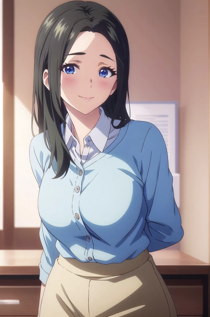 masterpiece, (best quality), 1woman,1girl ,haruhiko_ichijou_mother,  black hair, long hair,  (blue eyes),casual clothes, (skirt),big breasts ,, ,sexy woman,smile, hair between eyes, long sleeves,closed clothes, embarrassed,blush,  , vibrant colors ,natural lighting  ,RTX,  , beautiful, (detailed face:1.2), showcase, (perfect eyes:1.1) ,(photorealistic:1.1), 8k uhd,  looking at viewer, indoors,  simple backround,